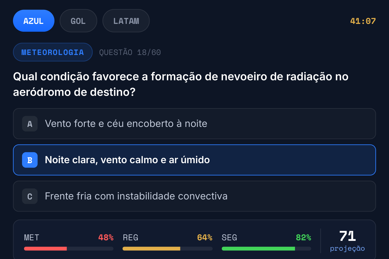 Simulado da banca ANAC no formato da companhia: questão de Meteorologia com abas Azul, GOL e LATAM e projeção de nota por matéria